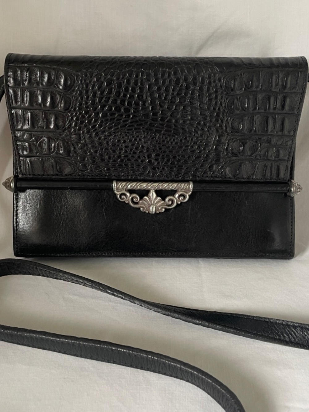Brighton Black Croc Embossed Organizer Crossbody Clutch 8”
